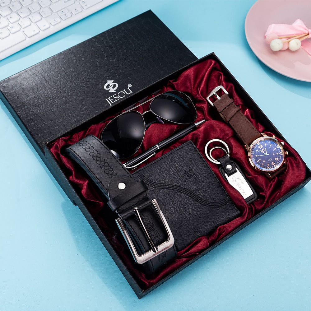 Ensemble de 6 pièces, coffret cadeau boutique, lunettes, ceinture, portefeuille, porte-clés, grande surface, montre à quartz, stylo