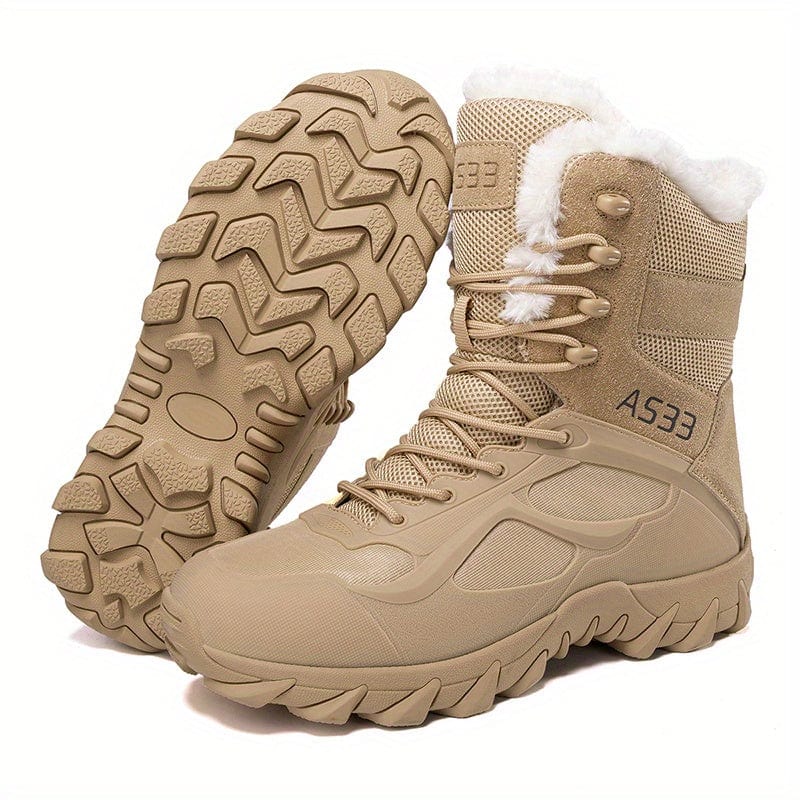 Men's Trendy Solid High Top Military Style Boots With Warm Plush Lining, Comfy Non Slip Lace Up Durable Shoes For Men's Outdoor Hiking, Trekking Activities