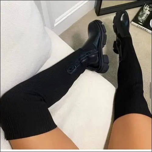 2021 Women Knee-high Boots Autumn Women’s Stretch PU Knitted