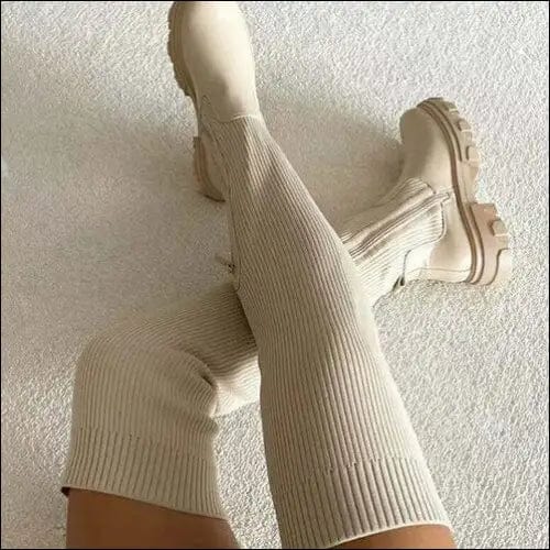 2021 Women Knee-high Boots Autumn Women’s Stretch PU Knitted