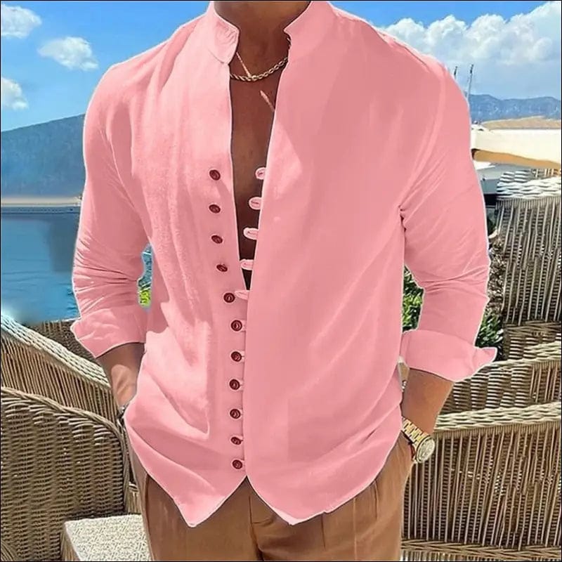 2023 Men Casual Cotton Linen Shirts Standing Collar Male