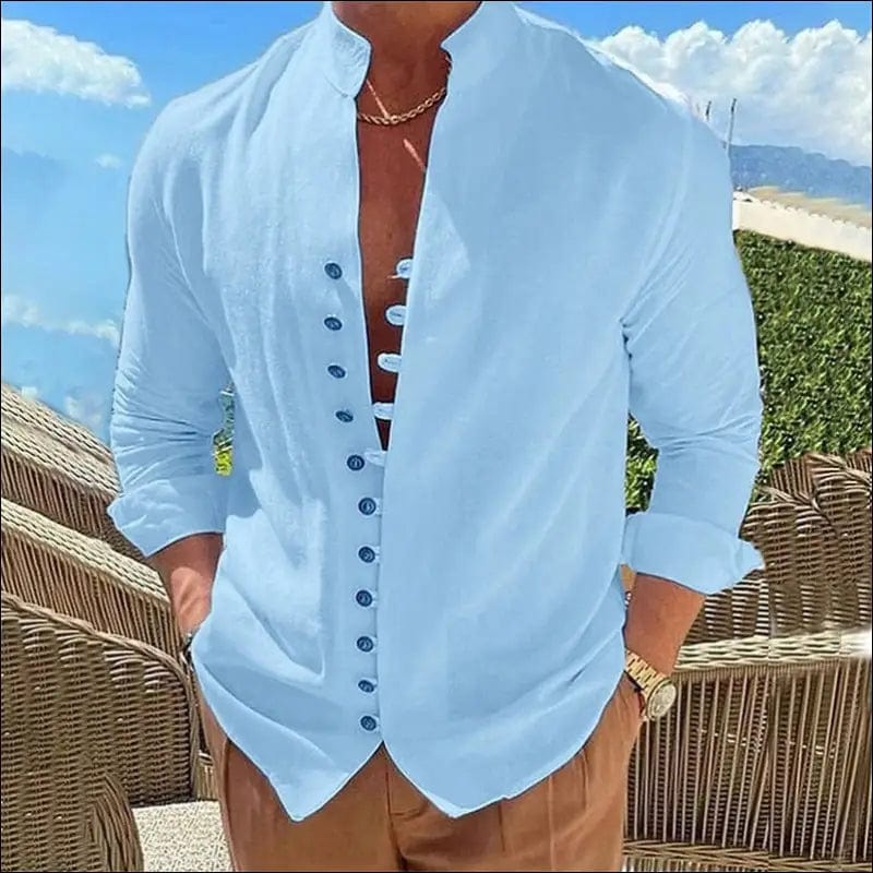 2023 Men Casual Cotton Linen Shirts Standing Collar Male