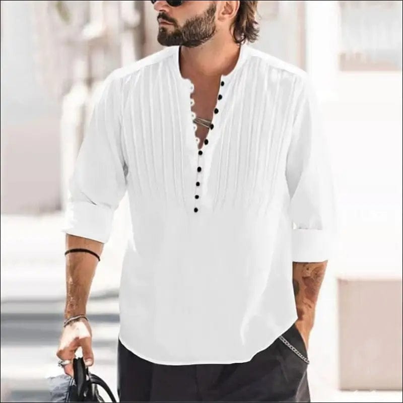 2023 Men Casual Cotton Linen Shirts Standing Collar Male