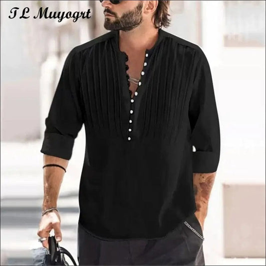 2023 Men Casual Cotton Linen Shirts Standing Collar Male