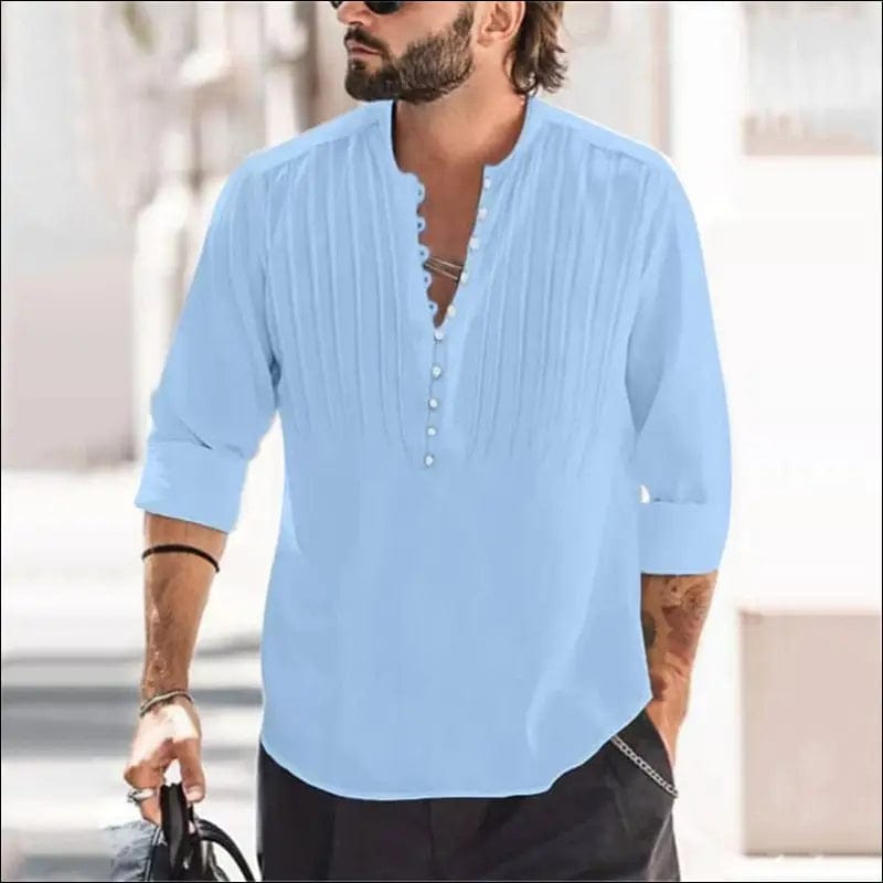 2023 Men Casual Cotton Linen Shirts Standing Collar Male