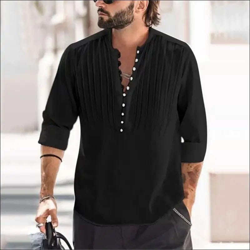 2023 Men Casual Cotton Linen Shirts Standing Collar Male