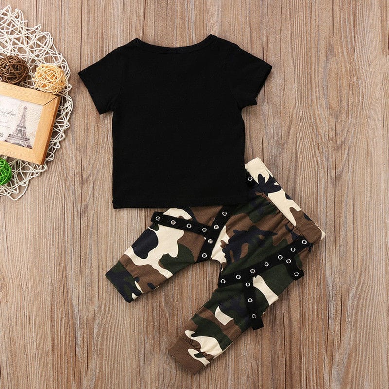 2022 cross-border children's clothing T-shirt two-piece summer short-sleeved black top casual camouflage pants boys suit