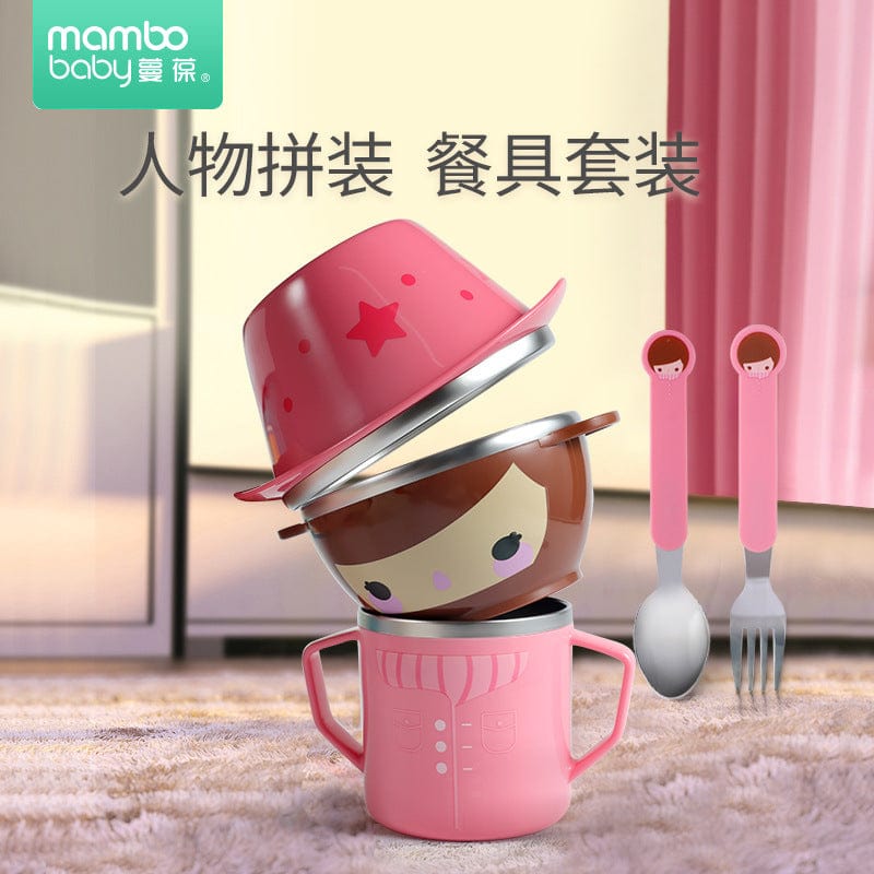 Manbao factory direct selling small partner tableware five-piece set children stainless steel bowl, fork and spoon five-piece set wholesale