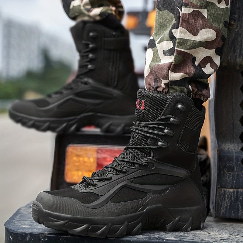 Men's Trendy Solid High Top Military Style Hiking Boots, Comfy Non Slip Durable Lace Up Shoes For Men's Outdoor Activities