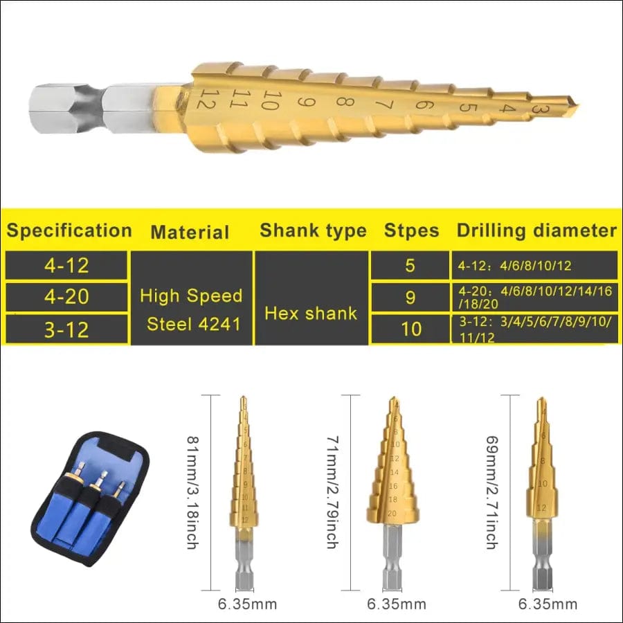 3Pcs/set 3-12mm 4-12mm 4-20mm HSS Straight Groove Step Drill