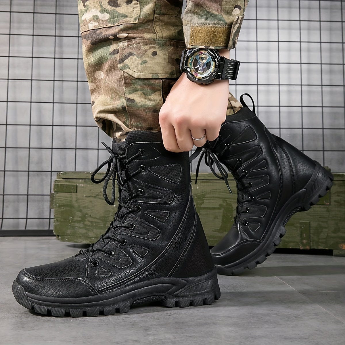 Men's High Top Military Tactical Work Boots, Waterproof Non Slip Durable Boots For Outdoor Hiking Activities