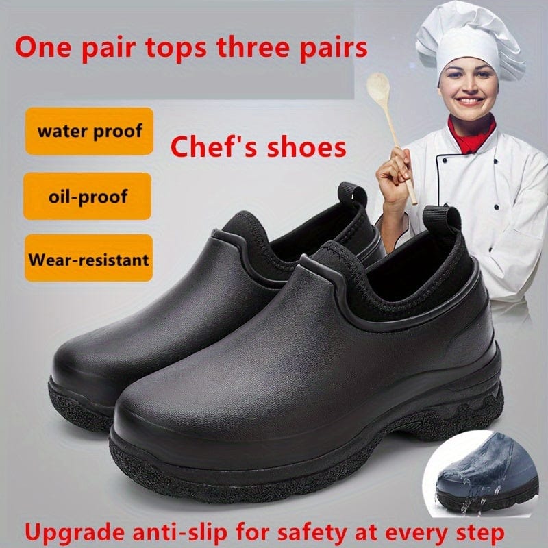 Men's Solid Slip On Waterproof & Oil Proof Chef Shoes, Comfy Non Slip Casual Durable Work Shoes For Men's Outdoor Activities