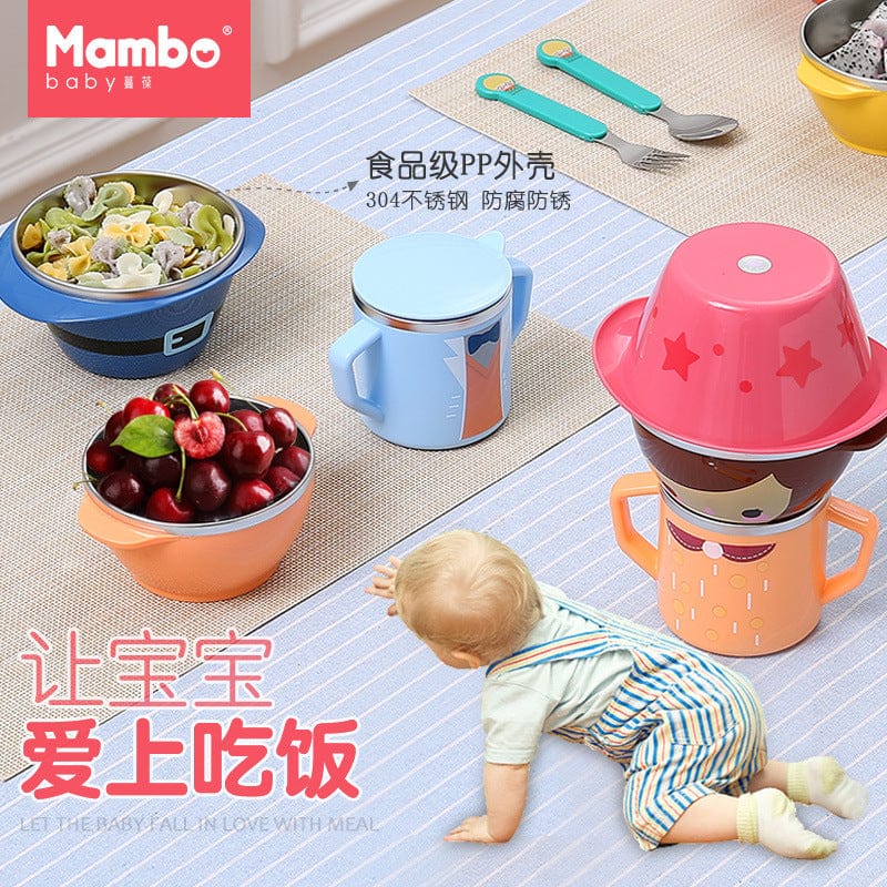Manbao factory direct selling small partner tableware five-piece set children stainless steel bowl, fork and spoon five-piece set wholesale