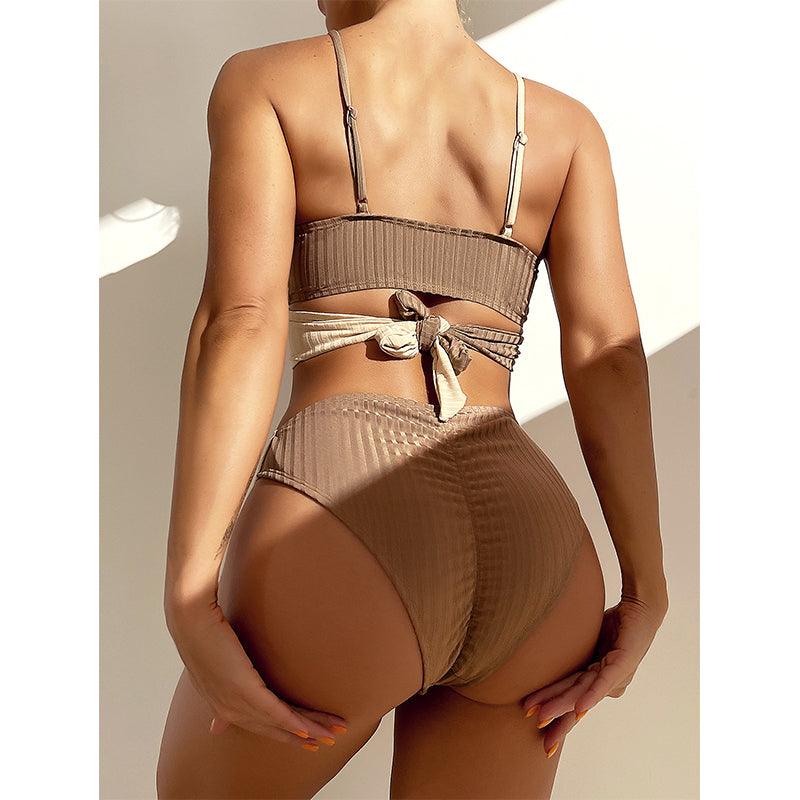 Patchwork Ribbed Ruched Crisscross Bikini