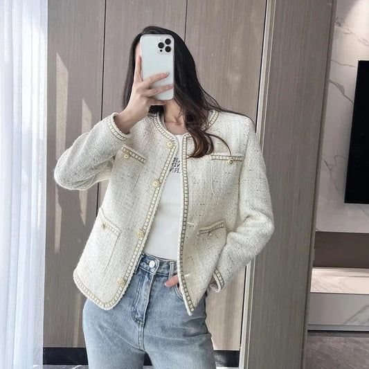 2023 New Arrival Short Tweed Coat Women O-Neck Single-Breasted Loose Plaid Jacket Outwear Casacos Chaqueta Mujer