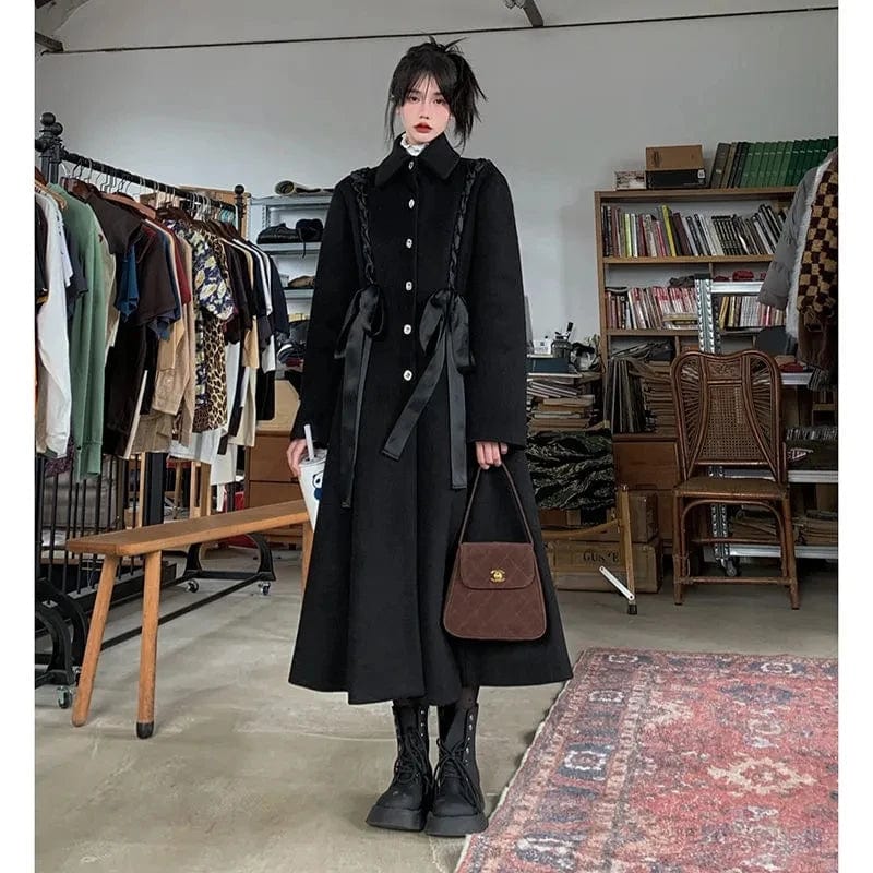 2021 women black elegant single breasted woolen coats female A-line lace up thick warm vintage Japanese long coats