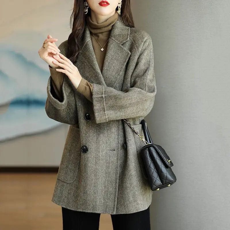 Women Coat 2023 Autumn Winter New Fashion Loose Herringbone Pattern Lapel Woolen Jacket Double breasted Casual Female Outerwear