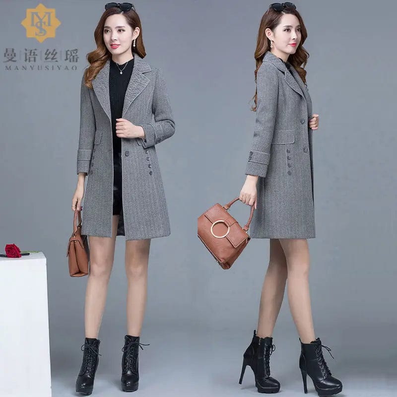 Women Woolen Coat  Winter Jacket 2024 New For Spring & Autumn Fashion Slim Solid Oversize Buttons Decoration Gary/Khaki