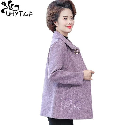 UHYTGF Casual Coat Womens 2023 Quality Spring Autumn Woolen Jacket Female Middle-Aged Mother Loose 5XL Large Size Outerwear 1780