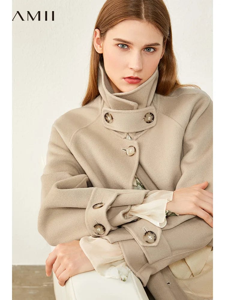 Amii Minimalism Winter Women Coats Fashion Jacket 100%wool Solid Lapel Single-breasted Belt Double-sided Woolen Coat  12030360