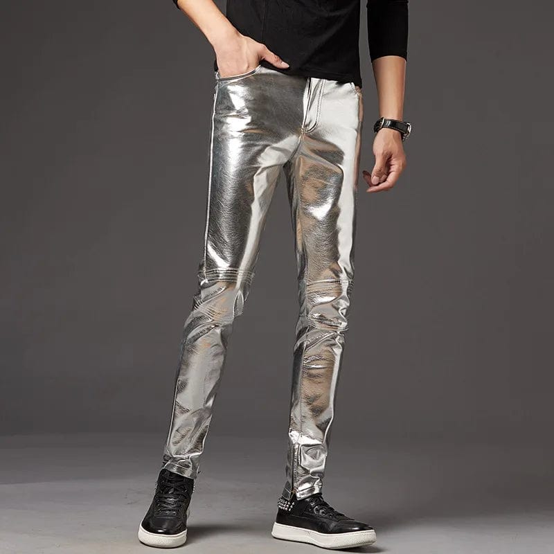 Mens Skinny Shiny Gold Silver Black Pu Leather Pants Motorcycle Men Nightclub Stage Pants for Singers Dancers Casual Trousers