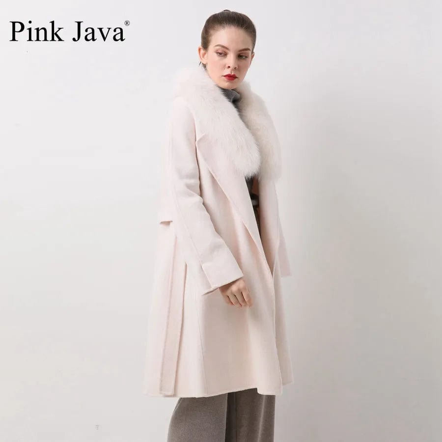 Pink Java QC20069  New Arrival Hot Sale Women Winter Wool Coat With Cashmere Coat Real Fox Fur Collar