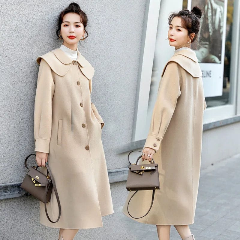 Female Lined Straight Commuter Single-Breasted Woolen Coat Doll-Collar Thick Wool Jacket Women's Long