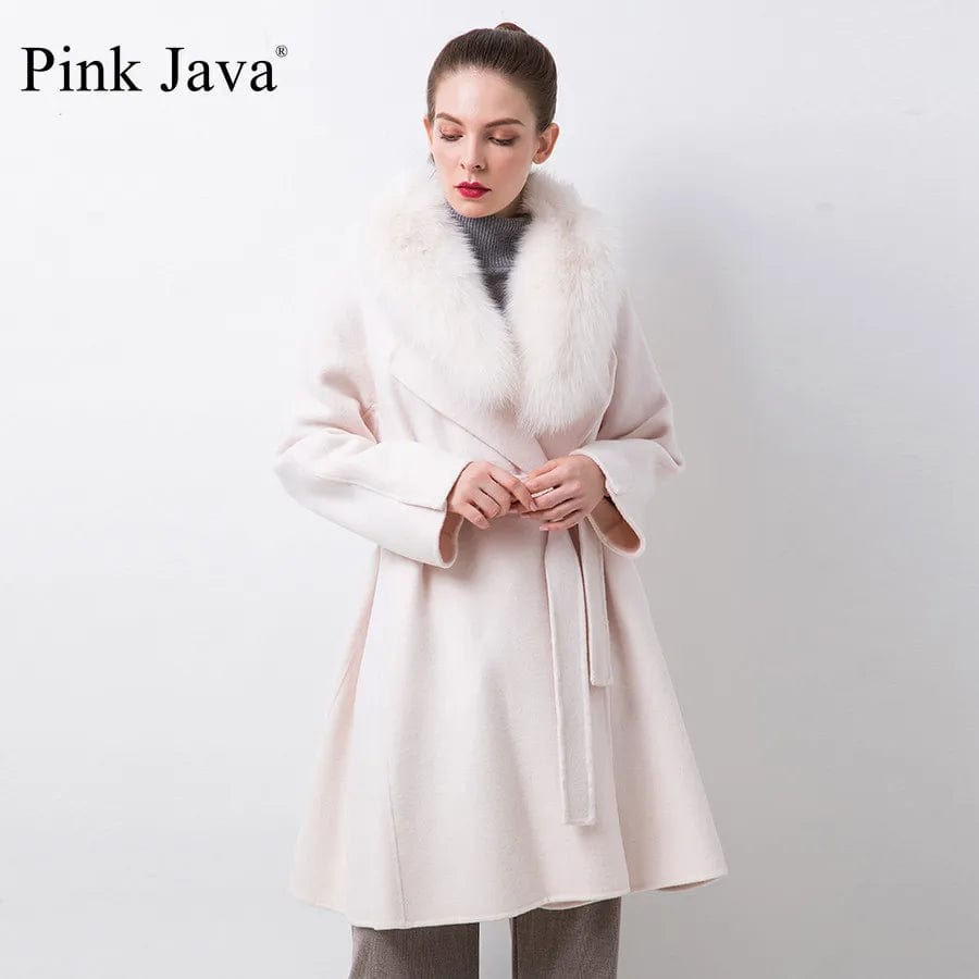 Pink Java QC20069  New Arrival Hot Sale Women Winter Wool Coat With Cashmere Coat Real Fox Fur Collar