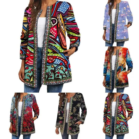 Cardigan Women's Autumn Winter 2021 Vintage Ethnic Floral Printed Long Sleeve Tunic Jackets Ladies Loose Outerwear Chic Top Coat