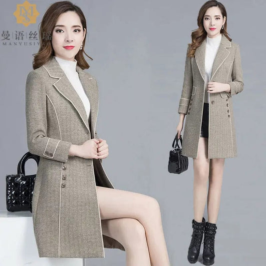 Women Woolen Coat  Winter Jacket 2024 New For Spring & Autumn Fashion Slim Solid Oversize Buttons Decoration Gary/Khaki