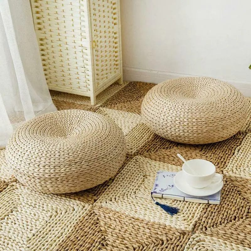 Natural Straw Round Pouf Tatami Cushion Hand Woven Mat Chair Cushion Japanese-style Cushion For Meditation Yoga Tea Ceremony