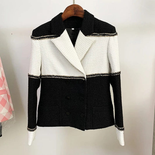 HIGH QUALITY Newest 2024 Fall Winter Designer Jacket Women's Color Block Patchwork Wool Blends Tweed Jacket