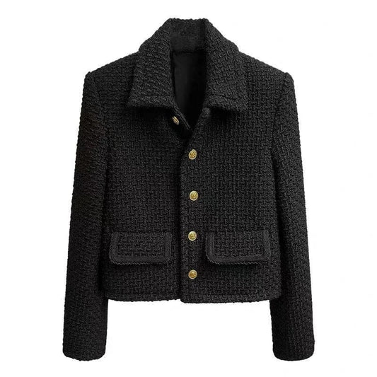 Black Vintage Lapel Cropped Tweed Jackets Korean Trend Single Breasted Wool Blend Coats Elegant Slim Casacos Classics Outerwear