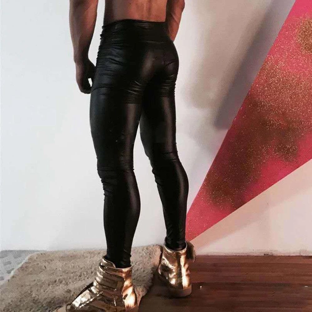 Men's PU Leather Pants Legging Wet Look Skinny Pouch Trousers Clubwear Stage Show Costume Stretchy Latex Glossy Tight Long Pants