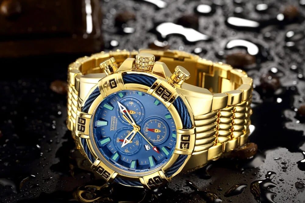 Reloj TEMEITE de cuarzo dorado azul de marca de lujo, reloj de pulsera resistente al agua de acero inoxidable para hombre, reloj informal deportivo con fecha para negocios
