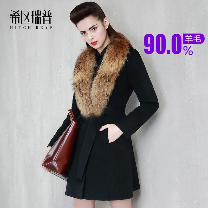 Double Sided Woolen Cloth Coat Female Raccoon Dog Big Hair Collar Celebrity Cashmere Waistless Coat