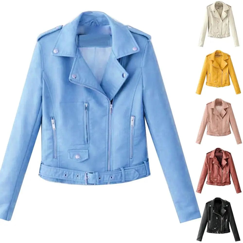 Women Bike Coat Leather Long Sleeve Lapel Outwear Zipper Outfit Button Pocket Jacket Spring Autumn Women Fashion Short Coat