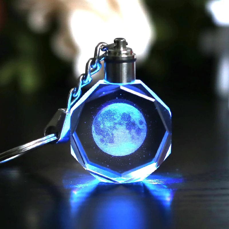 Crystal Moon Key Chain Laser Engraved Miniature Moon Keychain Led Light Colorful Glass Key Ring Pendant Hanging Gift