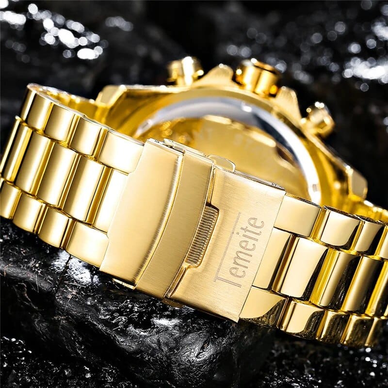 Temeite doré marque de luxe hommes montres mode bleu visage étanche en acier inoxydable montre grande taille mâle Quartz horloge montre-bracelet