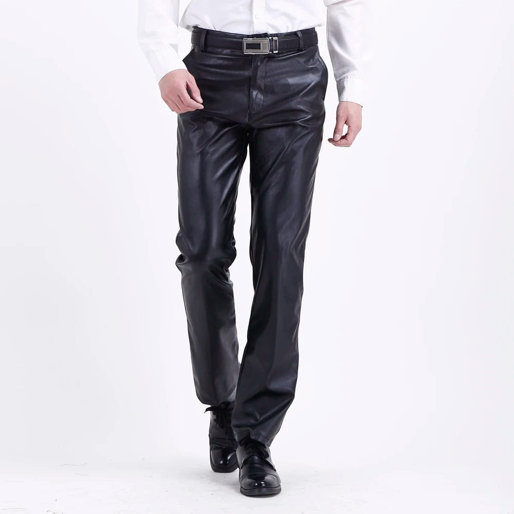 Men's Leather Pants Straight Fit Elastic PU Leather Trousers Motorcycle Pants Thin