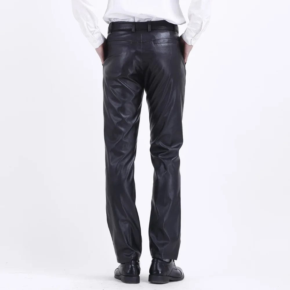 Men's Leather Pants Straight Fit Elastic PU Leather Trousers Motorcycle Pants Thin