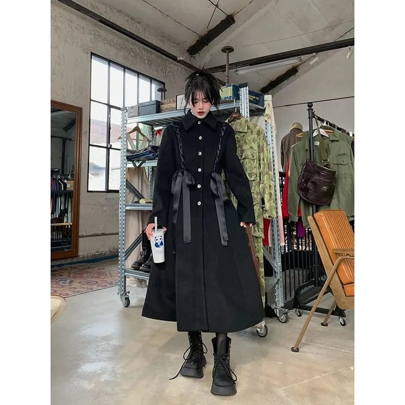 2021 women black elegant single breasted woolen coats female A-line lace up thick warm vintage Japanese long coats