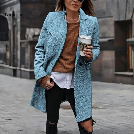Casual Fashion Warm One-button Outerwear Lady Office Commuter Jacket Women Autumn Winter New Solid Beltless Slim-fit Lapel Coat