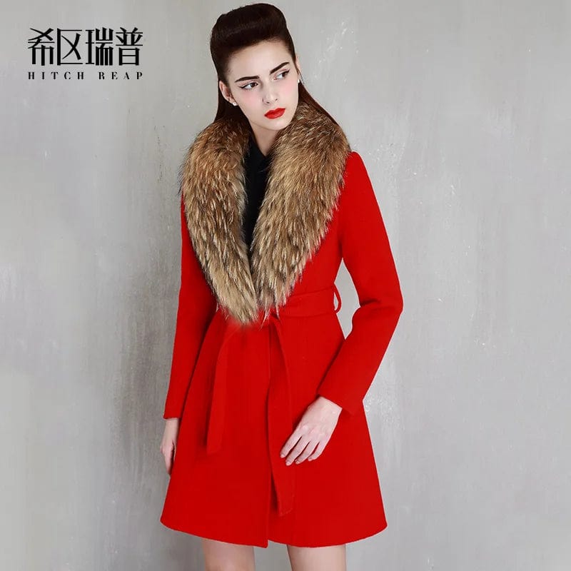 Double Sided Woolen Cloth Coat Female Raccoon Dog Big Hair Collar Celebrity Cashmere Waistless Coat