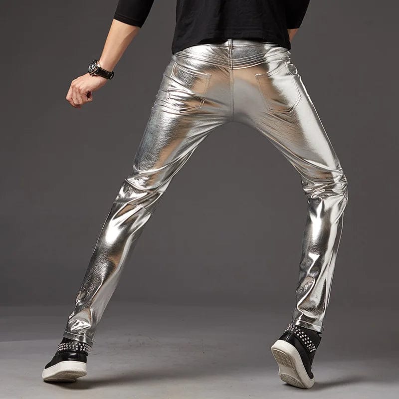 Mens Skinny Shiny Gold Silver Black Pu Leather Pants Motorcycle Men Nightclub Stage Pants for Singers Dancers Casual Trousers