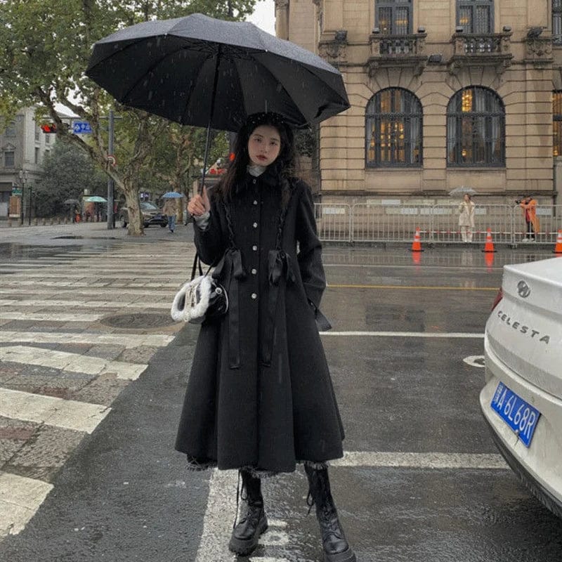 2021 women black elegant single breasted woolen coats female A-line lace up thick warm vintage Japanese long coats