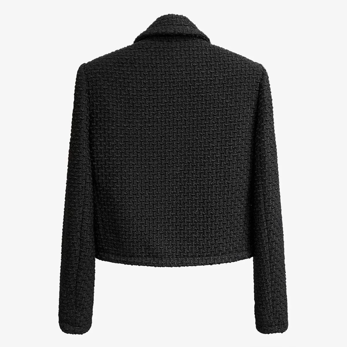 Black Vintage Lapel Cropped Tweed Jackets Korean Trend Single Breasted Wool Blend Coats Elegant Slim Casacos Classics Outerwear