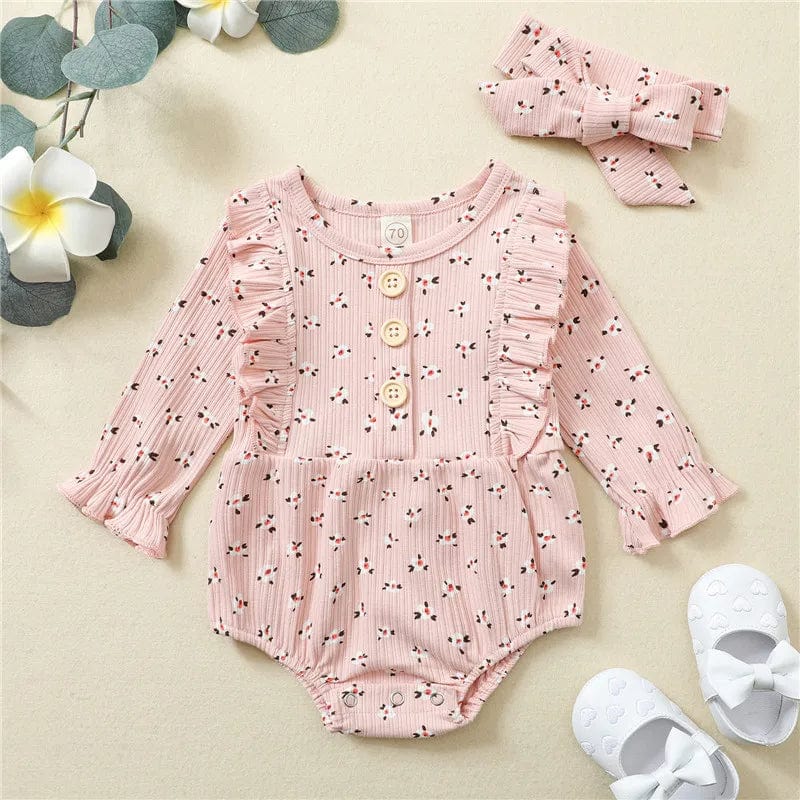 4 Colors Baby Girls Rompers Autumn Winter Newborn Infant Princess Girls Knitted Floral Ruffles Rompers Jumpsuits Headband 2pcs