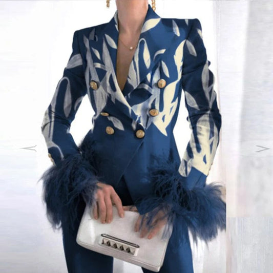 Elegant Turn-down Collar Lady Suit Tops Casual Feather Patchwork Long Sleeve Coat Women Fashion Double-Breasted Jacket Outerwear