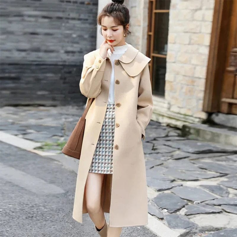 Female Lined Straight Commuter Single-Breasted Woolen Coat Doll-Collar Thick Wool Jacket Women's Long